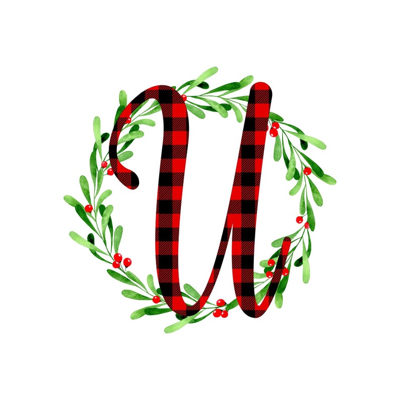 Red Buffalo Plaid Monogram Letters with Wreath Full Alphabet PNG INSTANT DOWNLOAD Print and Cut File Silhouette Cricut Sublimation Mug