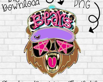 Mascota de osos, neón, sombrero, gafas de sol, espíritu escolar PNG (descarga digital)