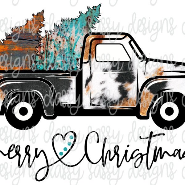 Merry Christmas Truck Trees Cow Print Turquoise Western Aztec Sublimation Transfer Ready to Press