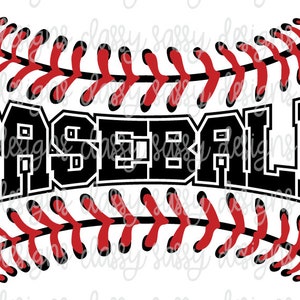 Puede incluir: Gráfico de béisbol negro y rojo con la palabra "BASEBALL" en una fuente en negrita y de bloque.