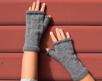 Gants sans doigts « Josi », tricotés, alpaga, chauffe-poignets, manchettes, femmes, gris, gants tricotés, câlins,