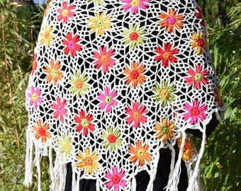 Étole fleur, crocheté, étole, étole d’été, foulard triangle, foulard, coloré, femme, cadeau