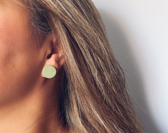 Green Round Stud Earrings, Minimalist Clay Earrings, Handmade Modern Stylish Simple Everyday Earrings, Women Gift