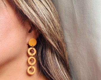 Yellow Gold Circle Statement Earrings, Modern Minimalist Clay Long Earrings, Everyday Earrings, Women Gift