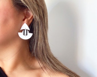 Pendientes de declaración contemporáneos en blanco y negro, pendientes geométricos hechos a mano, pendientes de moda ligeros modernos, regalo de mujer