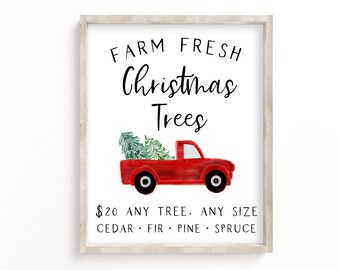 Árbol de Navidad imprimible con temática de granja, impresión de árbol de Navidad, imprimible navideño, letrero navideño de granja, letrero navideño de camión rojo, arte mural