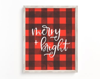 merry and bright printable, Christmas signs, buffalo plaid Christmas decor, wall art, buffalo plaid sign, buffalo print, holiday decor