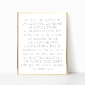 Family mission statement printable, family mission print, custom family sign, family values sign, values statement, Christian family values