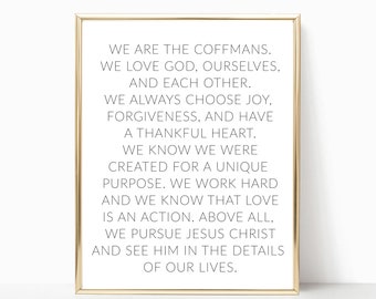 Family mission statement printable, family mission print, custom family sign, family values sign, values statement, Christian family values