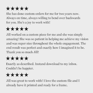 May include: Five-star reviews for a custom design service. The text reads: "She has done custom orders for me for two years now. Always on time, always willing to bend over backwards for you. She's a joy to work with!"  "Jill worked on a custom piece for me and she was simply amazing! She was so patient in helping me achieve my vision and was super nice throughout the whole engagement. The end result was perfect and exactly how I imagined it to be. Thank you so much Jill!"  "Exactly as described. Instand download to my inbox. Couldn't be happier."  "Jill was great to work with! I love the custom file and I already have it printed and ready for a frame."