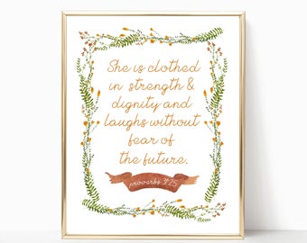 Spreuken 31:25 afdrukken, spreekwoorden 31 afdrukken, ze is gekleed in kracht en waardigheid, spreekwoorden kunst aan de muur, spreekwoorden citaat afdrukken, inrichting kinderkamer