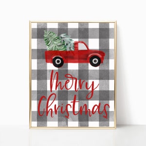 Printable Christmas decor, red truck decor, Merry Christmas signs, buffalo plaid sign, holiday decor, merry christmas sign, printable art