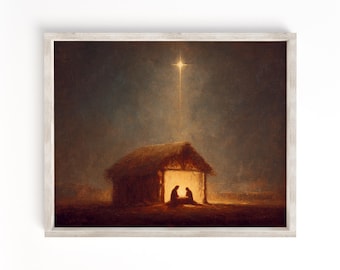 Cuadro decorativo de la Natividad / Impresión rústica del pesebre / Decoración navideña de la Sagrada Natividad / Arte cristiano para las fiestas