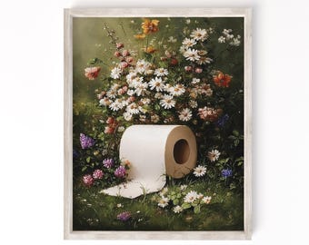 Wydruk do łazienki z motywem dzikich kwiatów | Papier toaletowy w dzikich kwiatach | Dekoracja ścienna z humorem w łazience | Sztuka łazienkowa Cottagecore, Dekoracja ścienna