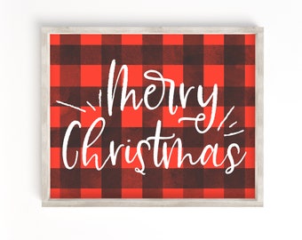 Merry Christmas printable sign, holiday decor, buffalo plaid Christmas decor, wall art, buffalo plaid sign, buffalo print, printable art