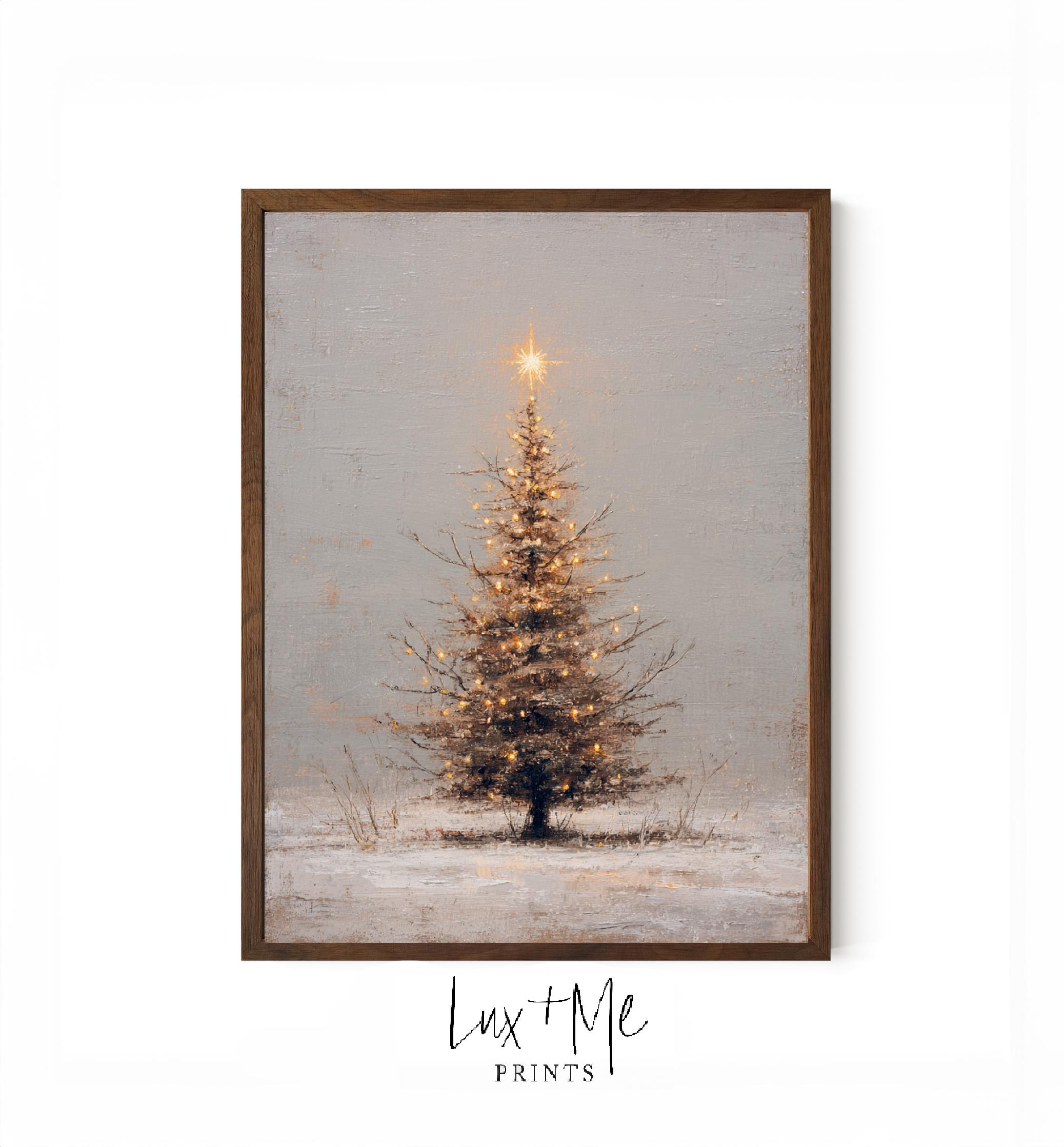 Schlichter Weihnachtsbaum mit Lichtern | Rustikale Neutrale Feiertags-Kunst