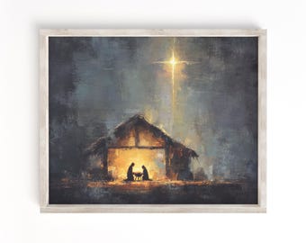 Lámina artística rústica del Nacimiento / Arte de pared del pesebre navideño / Pintura de la Sagrada Familia / Decoración navideña cristiana
