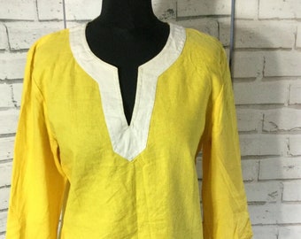 Vintage ladies yellow  white trim linen tunic blouse v neck size M