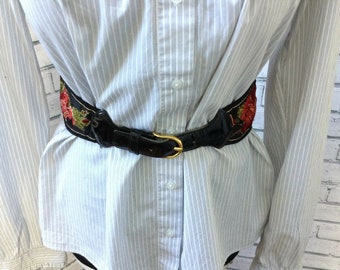 Rare Rose Embroidered Yves Saint Laurent Vintage Wide Waist Belt XS/S