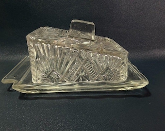Vintage Cut Glass Covered Butter Cheese  Dish Tray Clear Large
