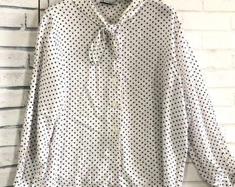 Vintage Russ Women’s White Polka Dot Blouse Bow Tie Neck Long Sleeve Size 18