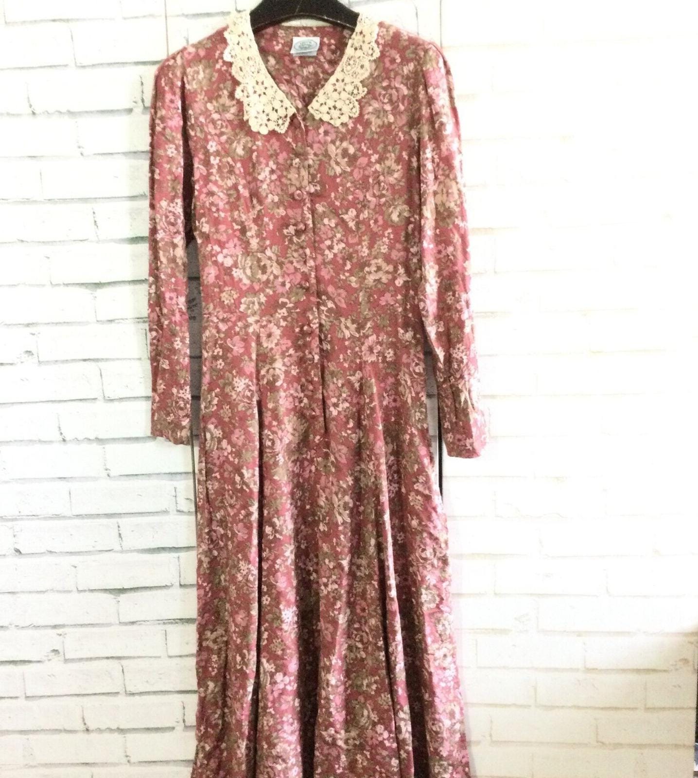 80s 'Laura Ashley' Black Floral Cottage Lace Collar Autumnal Midi Dress UK 8