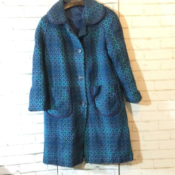 Vintage 60s Welsh Woollens Coat Fit Small Blue Gr… - image 1