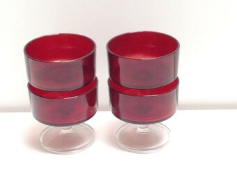 4 x Retro Luminarc French Ruby Red Glass Dessert Dishes