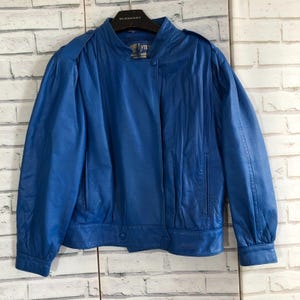 Veste en cuir souple Lynx des années 1980 en cuir véritable vintage bleu cobalt taille 16