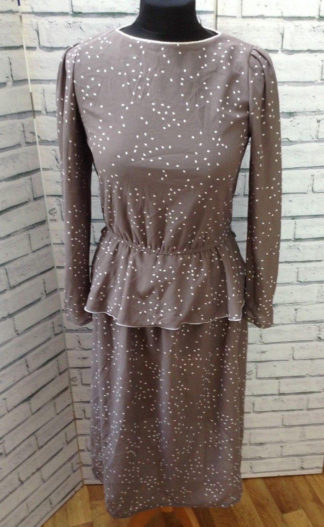 Vintage Dotty Spotty Midi Dress Taupe and White Long Sleeves - Etsy