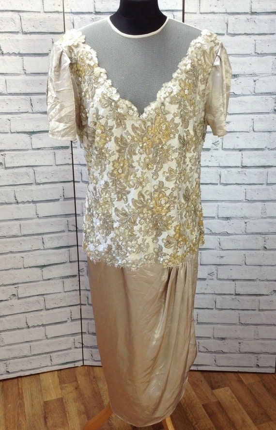 Vintage Nude Sequin Pearl Lace Dress Size16 Satin
