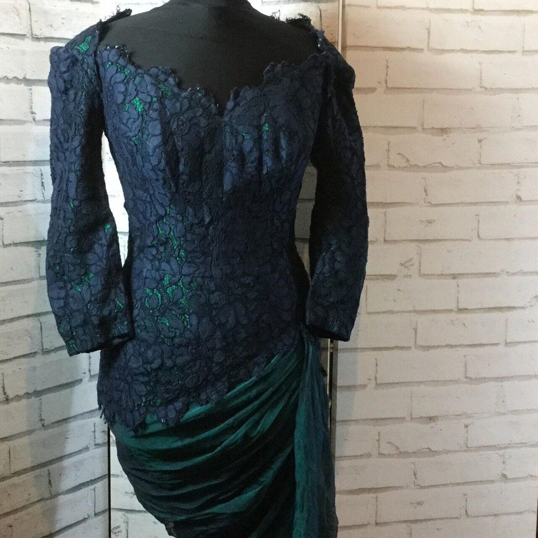 A/W 1989 Antony Price Bottle Green Velvet Dress w Removeable Bows