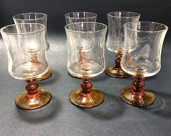 Set of 6 Vintage Amber Stem Glasses Clear Bowl Mid Century Sherry Cordial Glassw