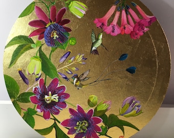 Flores da paixão e beija-flores - Passiflores & Beija-flores - Pintura a óleo sobre tela tondo/folha de ouro 23 quilates