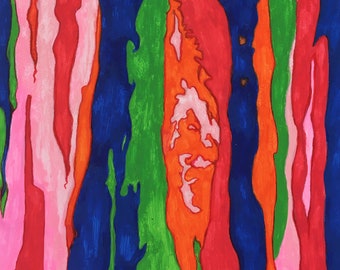 Rainbow Tree XXIV - Square Bark - Carré d'Ecorce - Pintura contemporânea em acrílico e nanquim sobre madeira