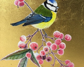 Mélisande / Chapim-azul entre frutas geladas / Cyaniste caeruleus / Pintura a óleo sobre folha de ouro 23 quilates