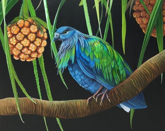 Darius/Nicobar à camail/Caloenas nicobarica/Pombo Nicobar/Pintura a óleo sobre madeira/Naturalismo contemporâneo