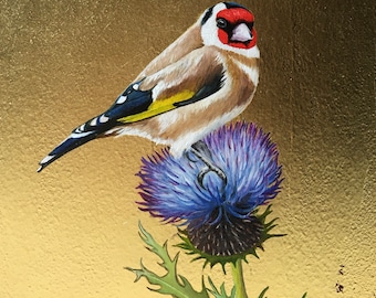 Cardellino - European Goldfinch - Carduelis carduelis - Oil painting on wood and gold leaf 23 carats
