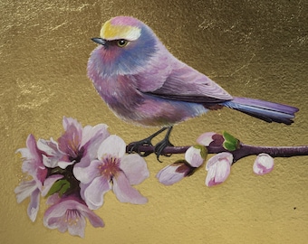 Sophie - Leptopoecile sophiae - Toutinegra-de-sobrancelha-branca - Pintura a óleo sobre folha de ouro 23 c. - Naturalismo contemporâneo