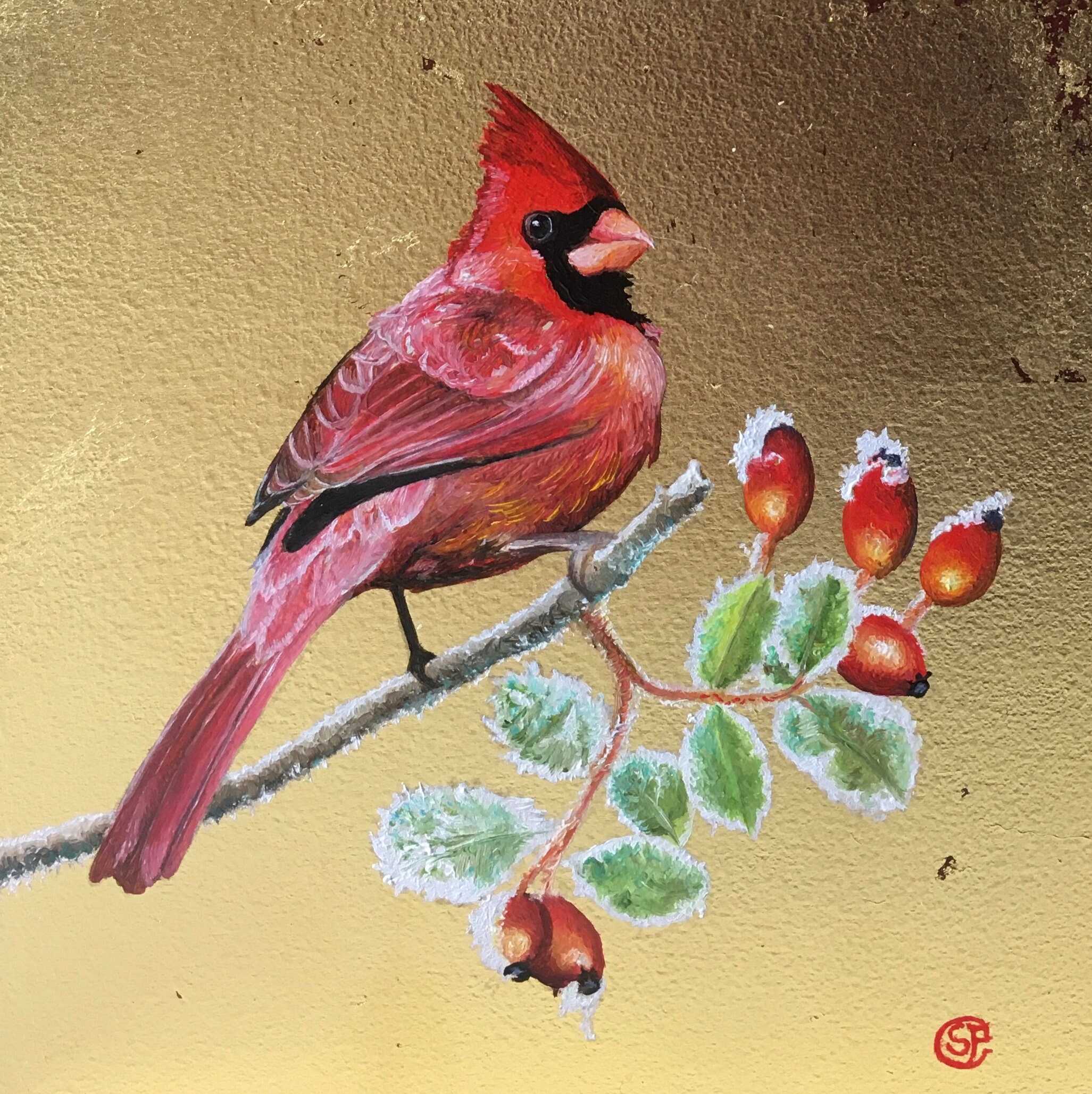 Tobias - Cardinalis cardinalis - Northern Cardinal - 23 carat Goldleaf painting