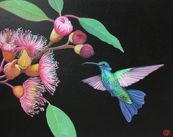 Anaïs - Violeta cintilante e flor de eucalipto - Pintura a óleo sobre madeira - Naturalismo contemporâneo