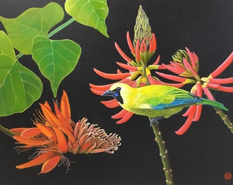 Vernon/Folha-azul/Chloropsis cochinchinensis/Pintura a óleo sobre madeira