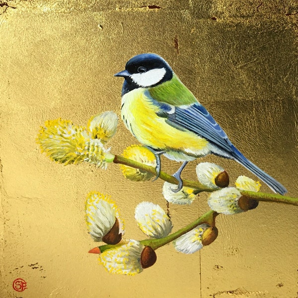 LOUISON/ Great tit and flowering catkins / Parus Major and salix caprea / Oil painting on gold leaf 23 carats / Naturalistic icon