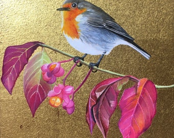 Robin - Robin europeu - Erithacus rubecula - Pintura a óleo sobre folha de ouro 23 quilates