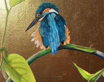 Martin - Common Kingfisher - Alcedo atthis - Oil painting on 23 carat gold leaf
