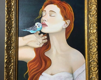 Melopee - Mulher ruiva com periquito - Pintura a óleo sobre madeira -