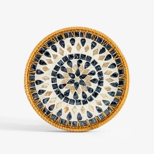 Mother of Pearl Inlay Tray – Handmade Decorative Rattan Serving Tray – Boho Coastal Table Decor – 35 cm Round Woven Accent Tray