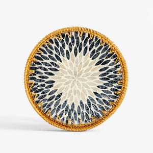Mother of Pearl Inlay Tray – Handmade Decorative Rattan Serving Tray – Boho Coastal Table Decor – 35 cm Round Woven Accent Tray