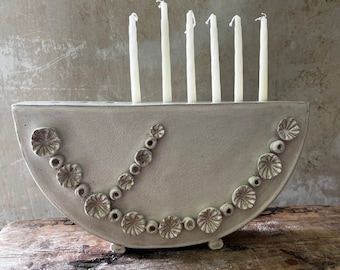 Hand made ceramic menorah for hannukah, pottery hannukiah, unique pottery menorah, menorah with shin, flower menorah, flower hannukiah