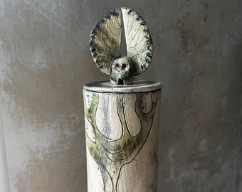 Hand made and one of a kind ceramic vessel with owl sculpture, beautiful ceramic container, unusual and unique ceramic vase, unique pottery